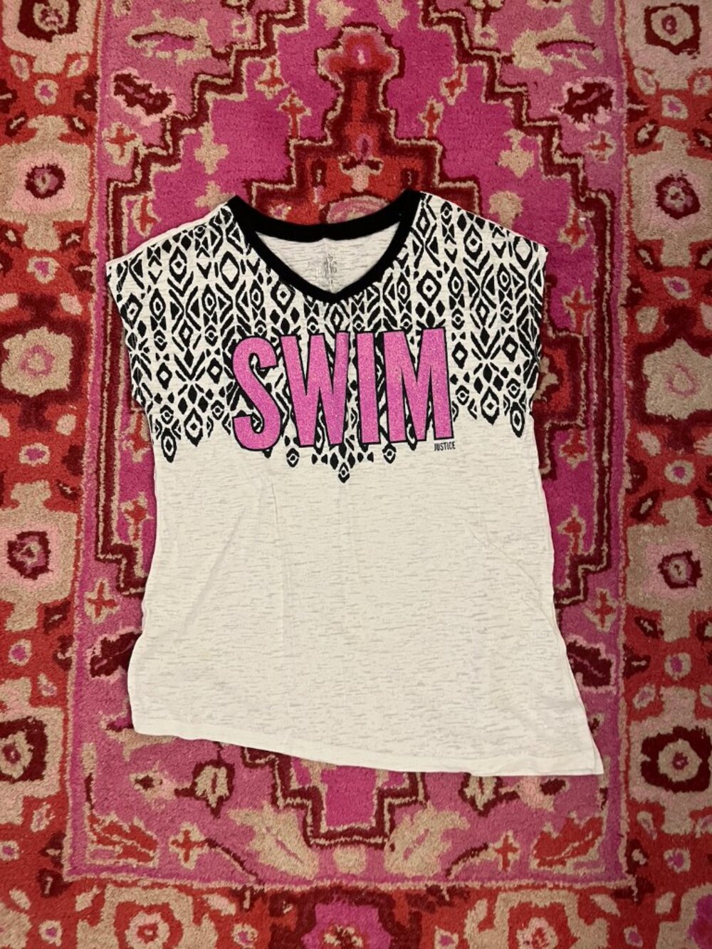 Justice Girl's Swim Purple Sparkly Lettering on White Short Sleeve T-Shirt